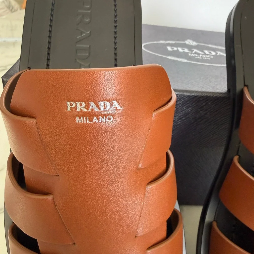 Prada 2X3145 Cognac Leather Fisherman's Mules Sandals Shoes, Sz. US 8.5 (UK 7.5)